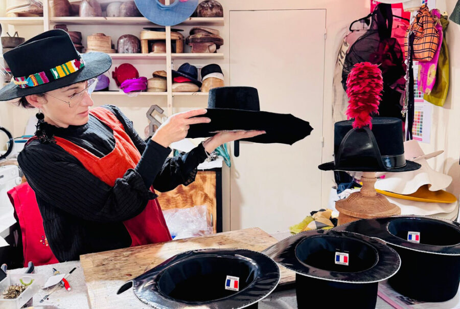 Charlotte Boyer milliner in Nice creating handmade hats with traditional techniques