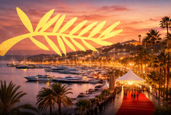 Cannes Film Festival French Riviera evening view with yachts and palm trees