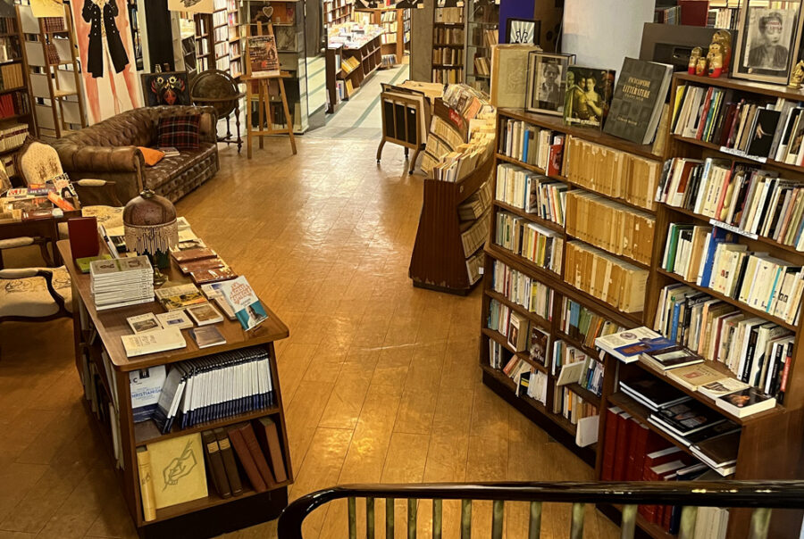 Inside La Sorbonne bookstore in Nice showing a labyrinth of second hand books