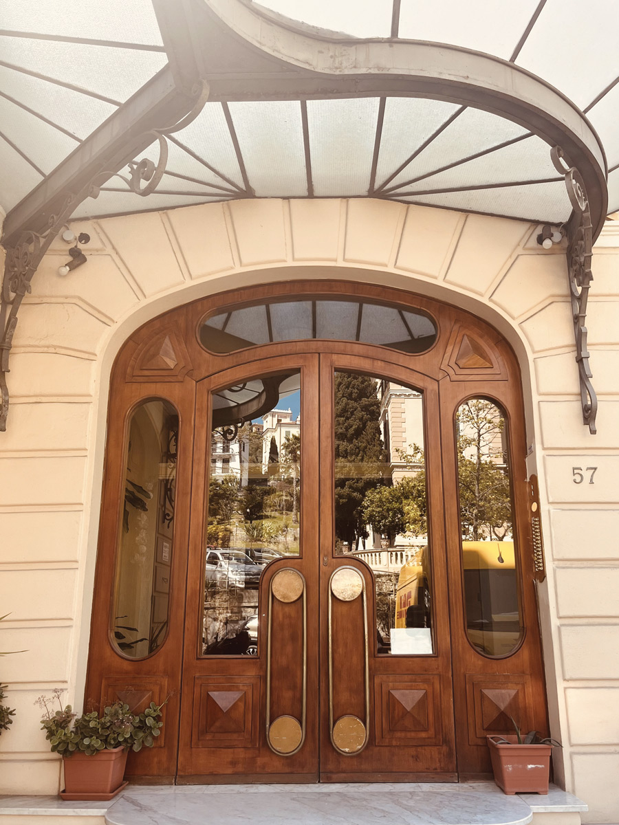 Belle Époque hotel entrance in Bordighera, Italy on the Italian Riviera
