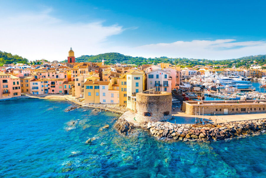 View of Saint-Tropez harbour and old town during a boat excursion from Nice