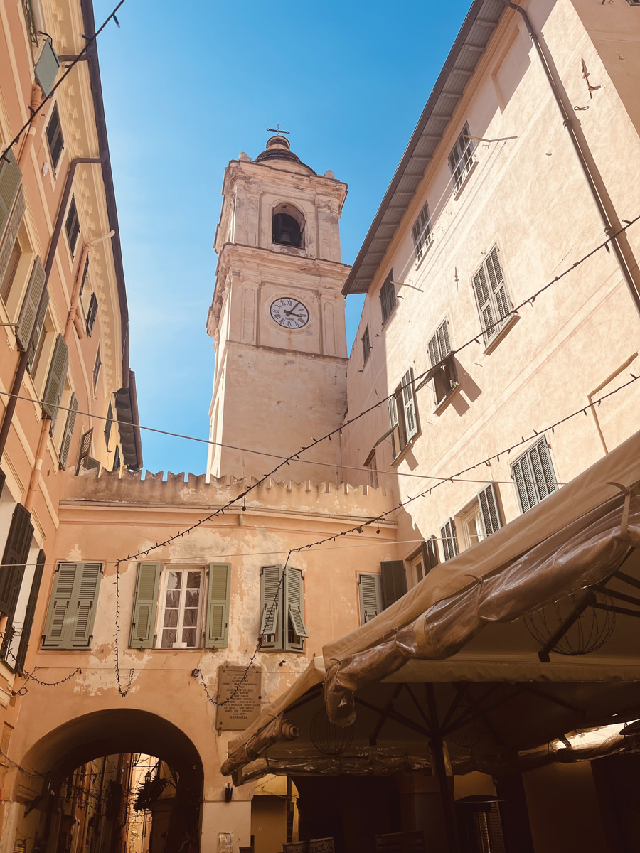 Historic centre of Bordighera Alta with medieval streets overlooking the sea in Italy