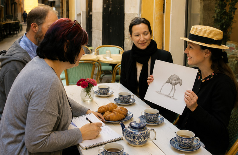 Learn French with Céline from Nice by Heart through illustrated French idioms in a café in Nice