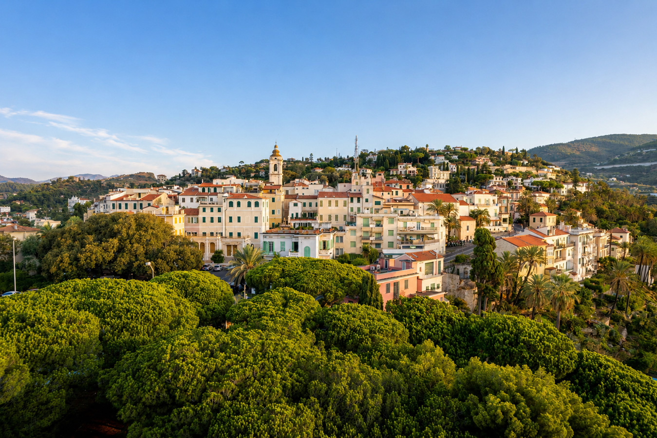 Panoramic view of Bordighera Alta on the Italian Riviera with Mediterranean architecture and sea atmosphere