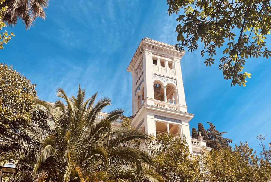 Iconic tower of Villa Etelinda in Bordighera, Italy, designed by French architect Charles Garnier in 1873