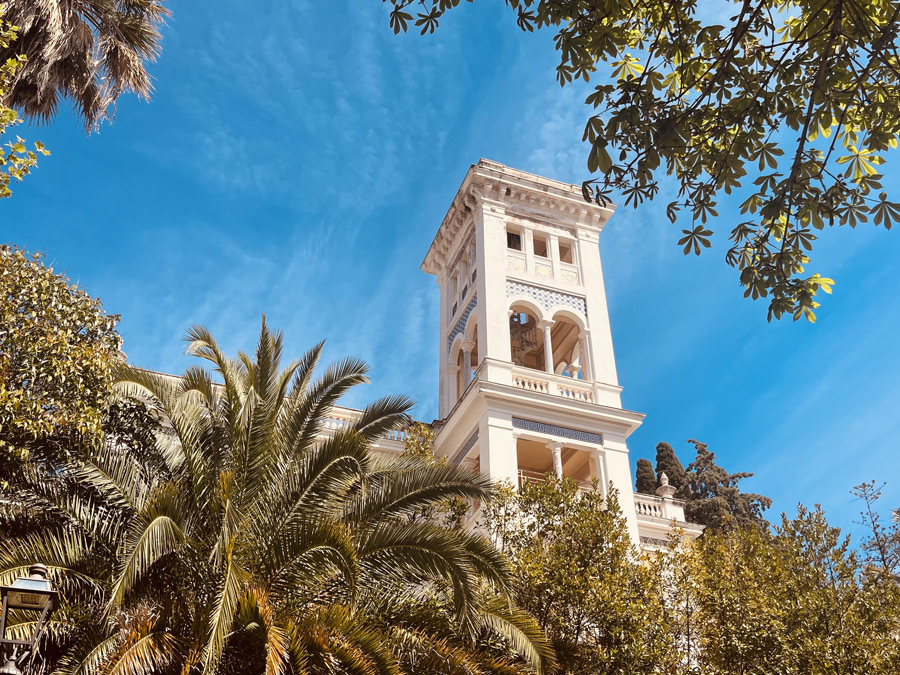 Iconic tower of Villa Etelinda in Bordighera, Italy, designed by French architect Charles Garnier in 1873