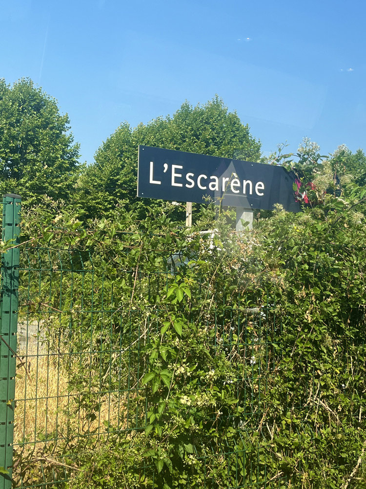 L’Escarène station sign seen from the Train des Merveilles on the journey from Nice to Breil-sur-Roya.