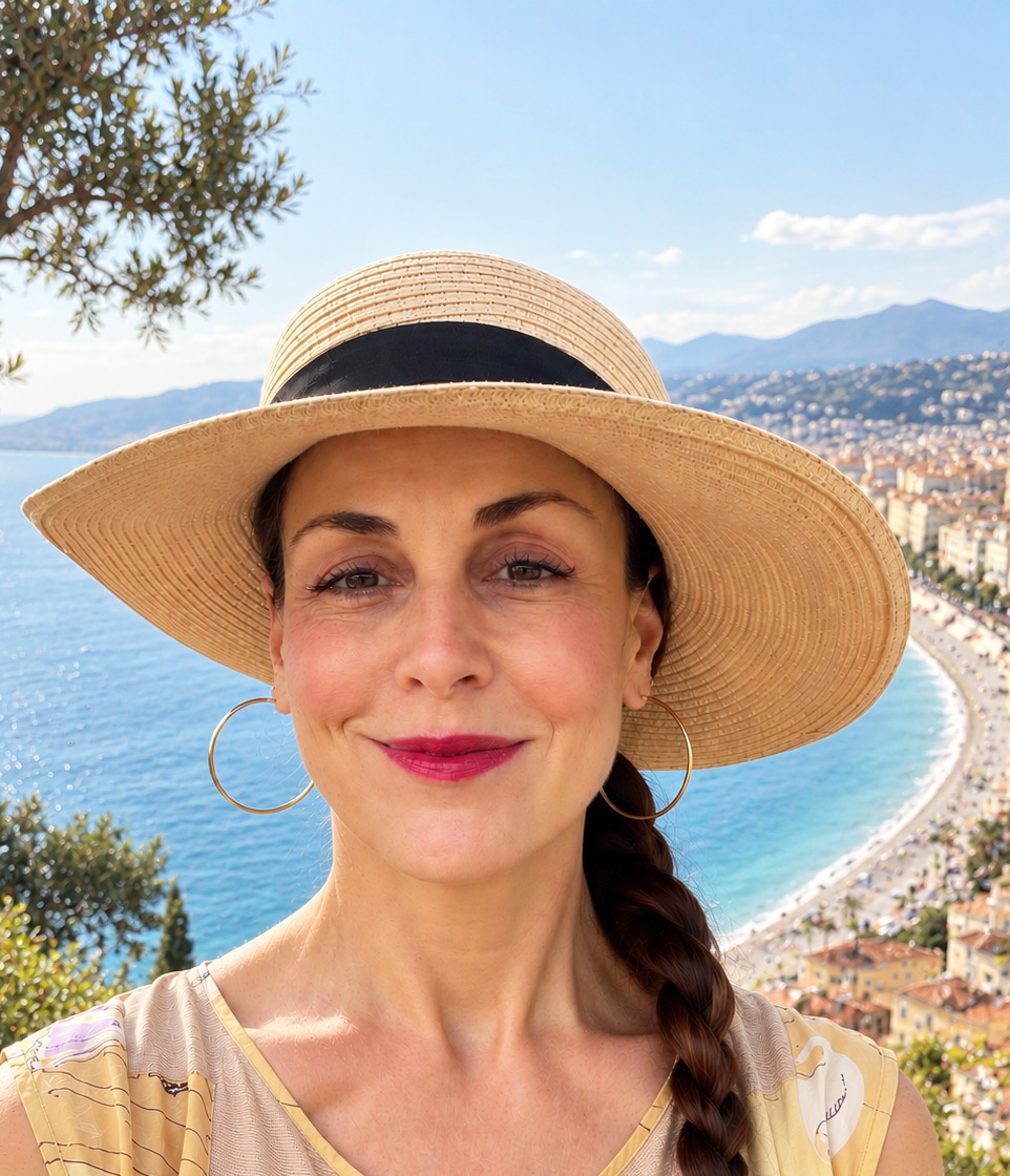 Celine O'Donnell, private tour guide in Nice, overlooking the Baie des Anges on the French Riviera