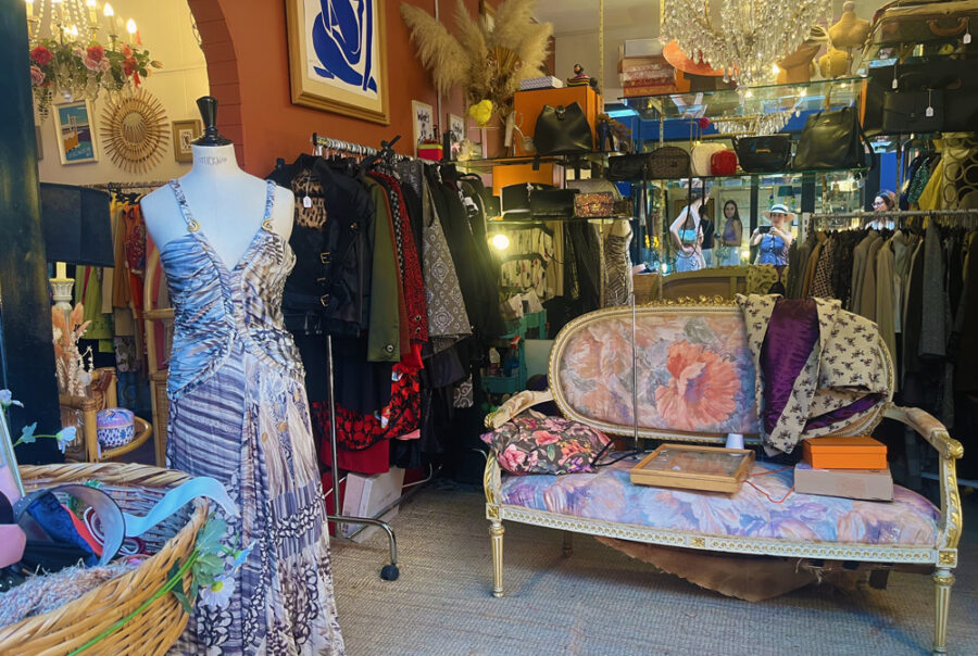 Joséphine Vintage boutique inside Les Puces de Nice flea market near the Port of Nice